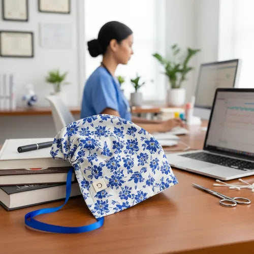 Gorro Quirúrgico Flores Azules Doctor Enfermeras Estampado Artesanal