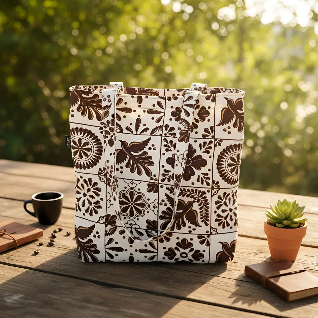 Bolsa Tote Bag Talavera Artesanal Mexicana Café Chocolate