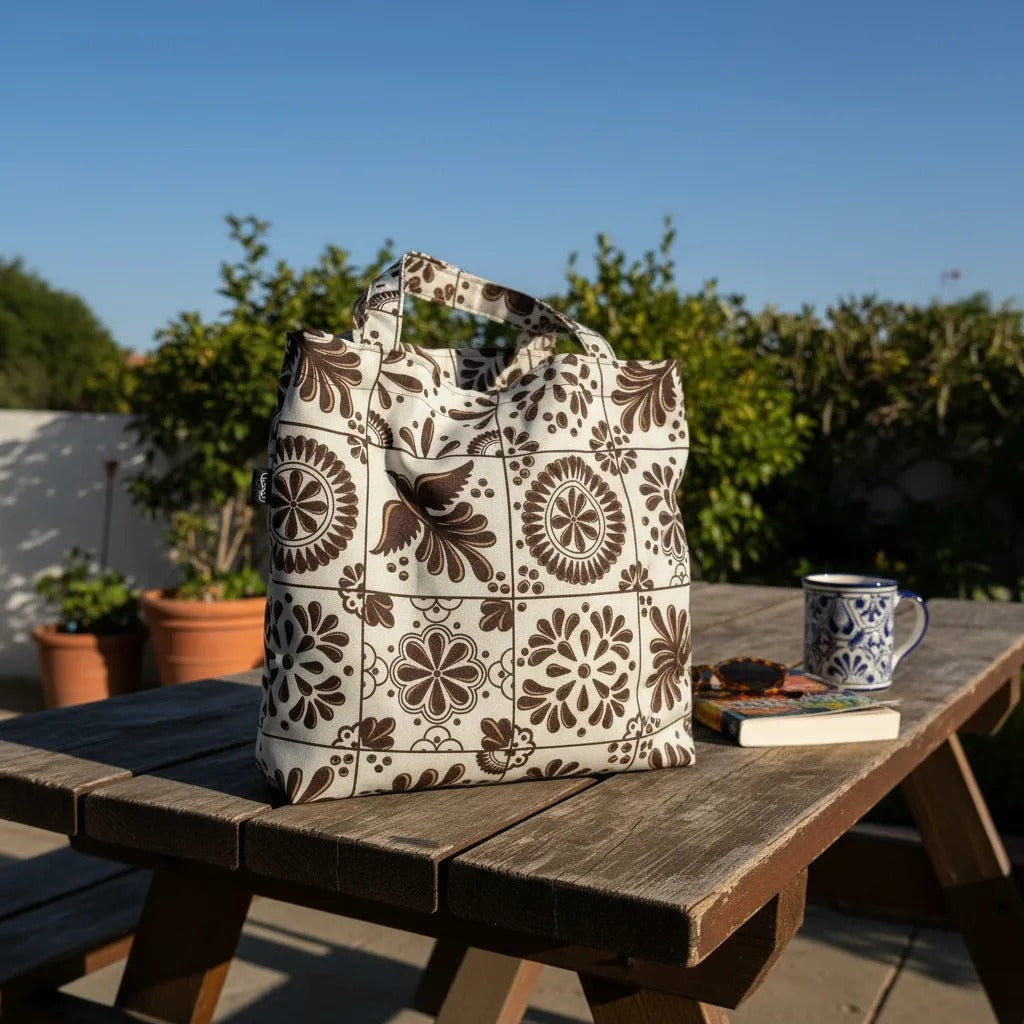 Bolsa Tote Bag Talavera Artesanal Mexicana Café Chocolate