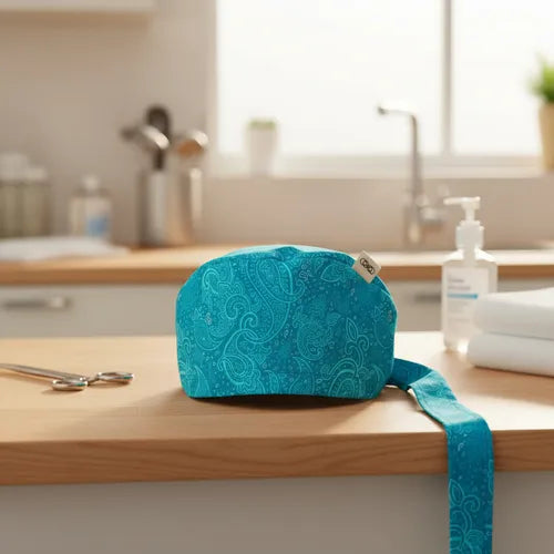 Gorro Quirúrgico Paisley Turquesa Doctor Enfermeras Estampado Artesanal